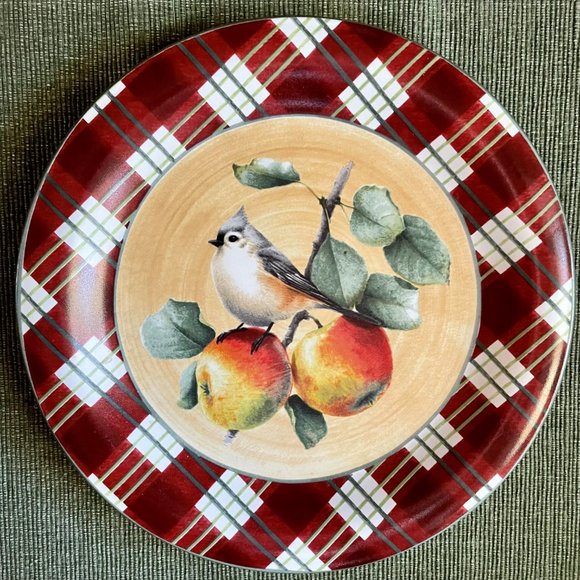 lenox Winter Greetings Everyday Red Tartan Cedar Waxwing Holiday Dinner Plate - Picture 1 of 3